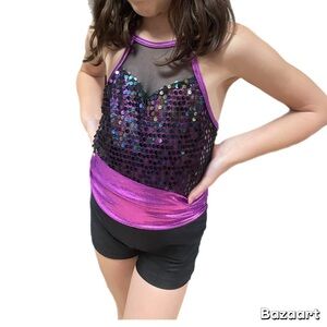 Sz 7/8 Purple Sequin Shorty Unitard Foil Dance Costume